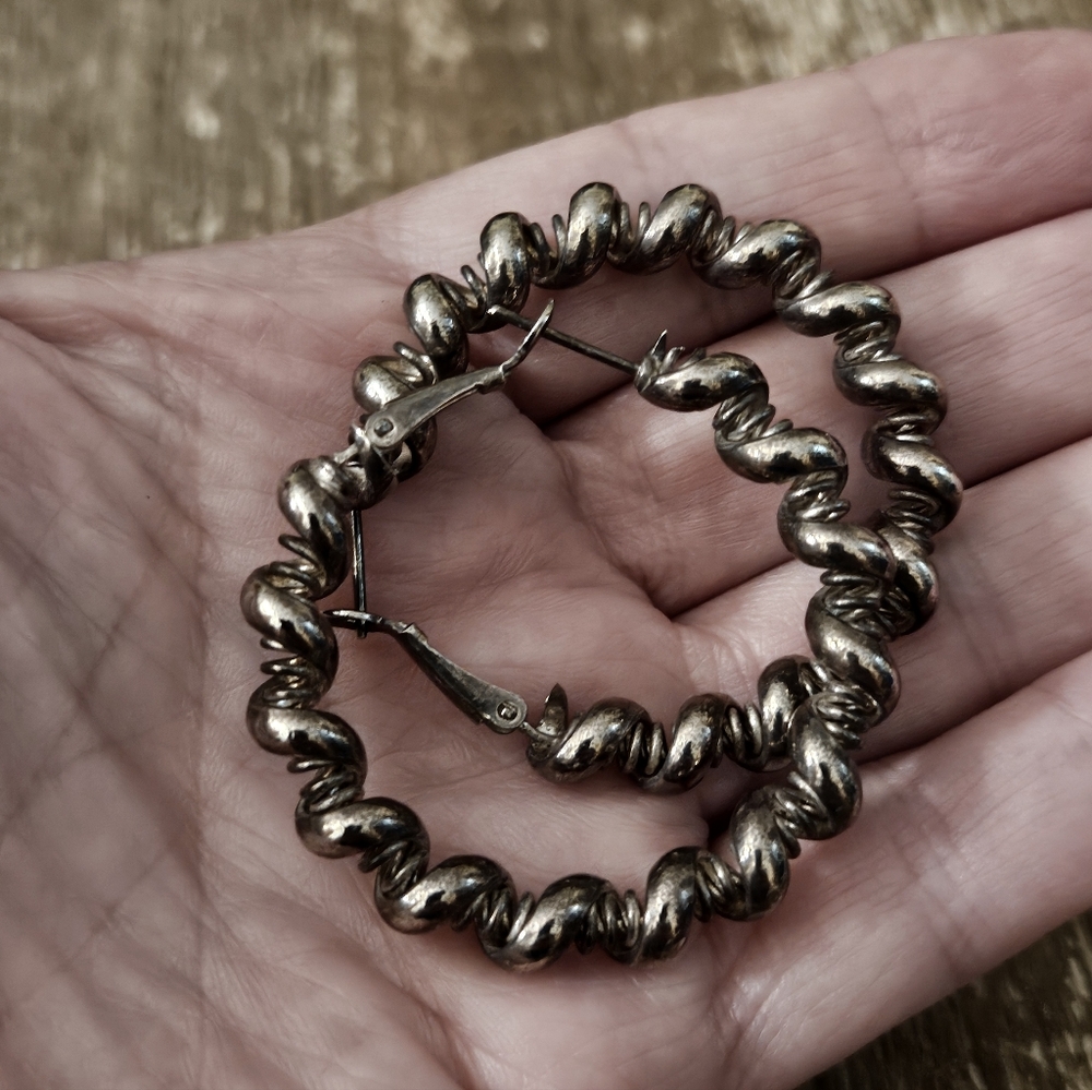 Large 1.5"D Wire-wrapped Hoop Earrings Antiqued Finish Stainless Steel